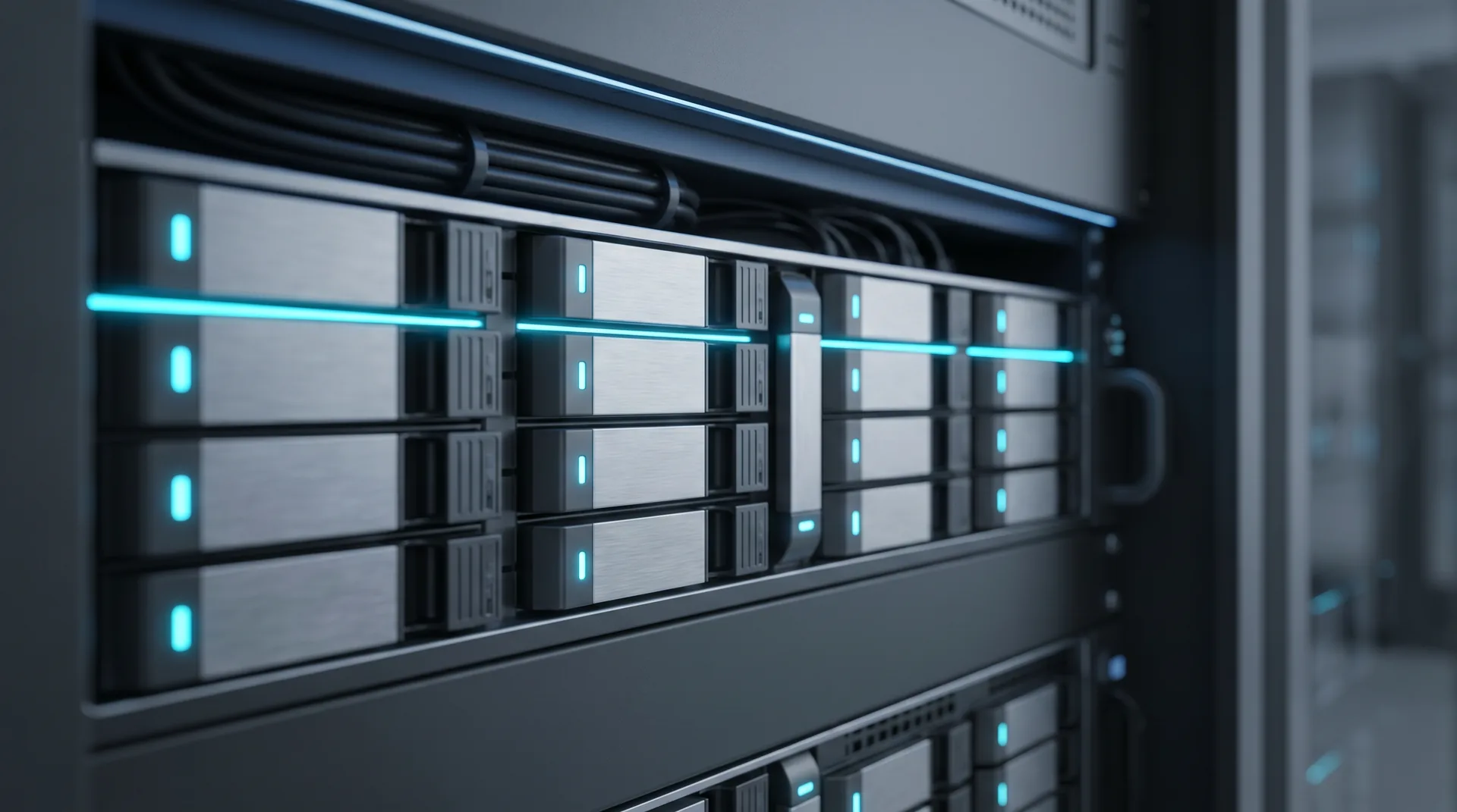 Painel frontal de rack de servidores organizado, com os indicadores de status alinhados